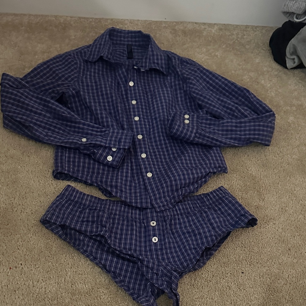 SKIMS Blue Plaid Button-Up Pajama Set